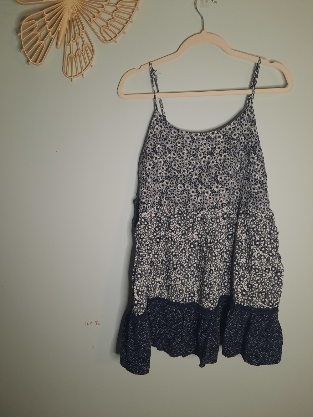 Taylor & Sage Navy Floral Polka Dot Tiered Babydoll Tank Top Side Lace Up Medium